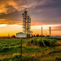 lindo Visão Alto Voltagem elétrico ou telecomunicações antena sem fio torre com verde campo conceito de ai gerado foto