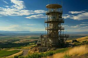 lindo Visão Alto Voltagem elétrico ou telecomunicações antena sem fio torre com verde campo conceito de ai gerado foto