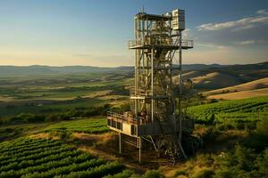 lindo Visão Alto Voltagem elétrico ou telecomunicações antena sem fio torre com verde campo conceito de ai gerado foto