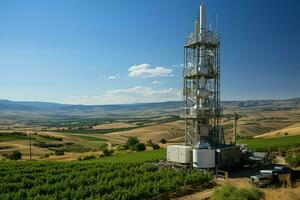 lindo Visão Alto Voltagem elétrico ou telecomunicações antena sem fio torre com verde campo conceito de ai gerado foto