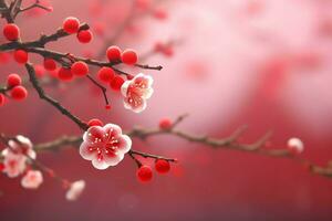 chinês Novo ano fundo com tradicional lanternas, sakura flores e cópia de espaço. lunar Novo ano conceito de ai gerado foto