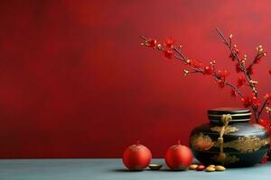 chinês Novo ano fundo com tradicional lanternas, sakura flores e cópia de espaço. lunar Novo ano conceito de ai gerado foto