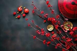 chinês Novo ano fundo com tradicional lanternas, sakura flores e cópia de espaço. lunar Novo ano conceito de ai gerado foto