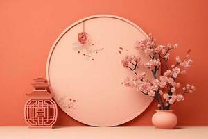 chinês Novo ano fundo com tradicional lanternas, sakura flores e cópia de espaço. lunar Novo ano conceito de ai gerado foto