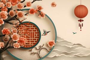 chinês Novo ano fundo com tradicional lanternas, sakura flores e cópia de espaço. lunar Novo ano conceito de ai gerado foto