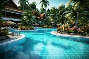 lindo ao ar livre natação piscina dentro luxo hotel recorrer com azul céu para lazer relaxar e feriado conceito de ai gerado foto