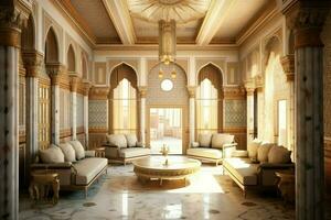 muito luxuoso quarto e ampla com paredes decorado com marroquino mosaico. quarto dentro tradicional islâmico conceito de ai gerado foto