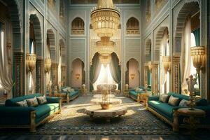 muito luxuoso quarto e ampla com paredes decorado com marroquino mosaico. quarto dentro tradicional islâmico conceito de ai gerado foto