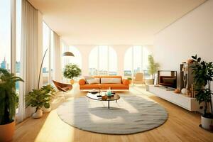 moderno apartamento interior dentro vivo Projeto com trabalhando mesa e estante. luxo casa escandinavo conceito de ai gerado foto