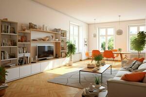 moderno apartamento interior dentro vivo Projeto com trabalhando mesa e estante. luxo casa escandinavo conceito de ai gerado foto