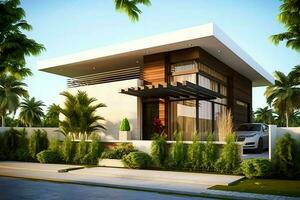 lindo moderno casa exterior com carport. moderno residencial distrito e minimalista construção conceito de ai gerado foto