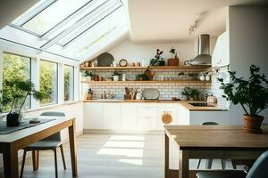 moderno cozinha interior Projeto dentro apartamento ou casa com mobiliário. luxo cozinha casa escandinavo conceito de ai gerado foto
