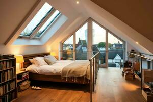 moderno janela que se projeta loft conversão interior Projeto dentro apartamento ou casa às Reino Unido. luxo triângulo sótão quarto conceito de ai gerado foto