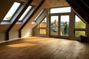 moderno janela que se projeta loft conversão interior Projeto dentro apartamento ou casa às Reino Unido. luxo triângulo sótão quarto conceito de ai gerado foto