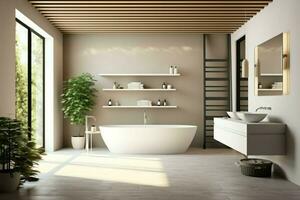 interior Projeto do uma agradável moderno banheiro. 3d Renderização moderno banheiro ou banheiro dentro hotel ou casa conceito de ai gerado foto