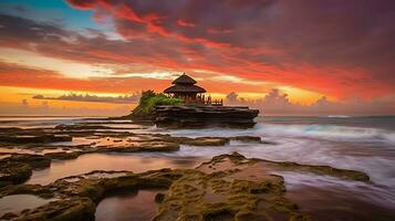 antigo pura Ulun danu bratan, besakih ou famoso hindu têmpora e turista dentro bali ilha às nascer do sol conceito de ai gerado foto