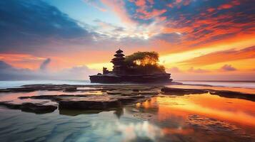 antigo pura Ulun danu bratan, besakih ou famoso hindu têmpora e turista dentro bali ilha às nascer do sol conceito de ai gerado foto