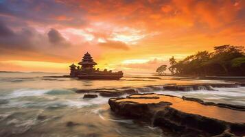 antigo pura Ulun danu bratan, besakih ou famoso hindu têmpora e turista dentro bali ilha às nascer do sol conceito de ai gerado foto