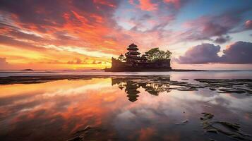 antigo pura Ulun danu bratan, besakih ou famoso hindu têmpora e turista dentro bali ilha às nascer do sol conceito de ai gerado foto