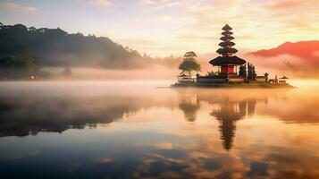 antigo pura Ulun danu bratan, besakih ou famoso hindu têmpora e turista dentro bali ilha às nascer do sol conceito de ai gerado foto