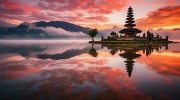 antigo pura Ulun danu bratan, besakih ou famoso hindu têmpora e turista dentro bali ilha às nascer do sol conceito de ai gerado foto