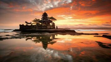 antigo pura Ulun danu bratan, besakih ou famoso hindu têmpora e turista dentro bali ilha às nascer do sol conceito de ai gerado foto