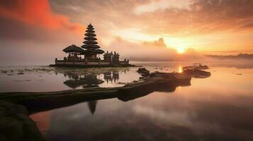 antigo pura Ulun danu bratan, besakih ou famoso hindu têmpora e turista dentro bali ilha às nascer do sol conceito de ai gerado foto