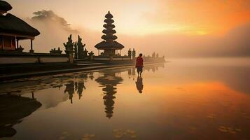 antigo pura Ulun danu bratan, besakih ou famoso hindu têmpora e turista dentro bali ilha às nascer do sol conceito de ai gerado foto