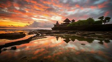 antigo pura Ulun danu bratan, besakih ou famoso hindu têmpora e turista dentro bali ilha às nascer do sol conceito de ai gerado foto