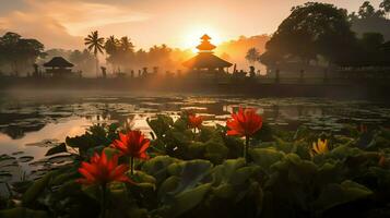 antigo pura Ulun danu bratan, besakih ou famoso hindu têmpora e turista dentro bali ilha às nascer do sol conceito de ai gerado foto