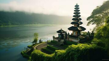 antigo pura Ulun danu bratan, besakih ou famoso hindu têmpora e turista dentro bali ilha às nascer do sol conceito de ai gerado foto