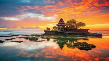 antigo pura Ulun danu bratan, besakih ou famoso hindu têmpora e turista dentro bali ilha às nascer do sol conceito de ai gerado foto