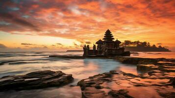 antigo pura Ulun danu bratan, besakih ou famoso hindu têmpora e turista dentro bali ilha às nascer do sol conceito de ai gerado foto