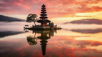 antigo pura Ulun danu bratan, besakih ou famoso hindu têmpora e turista dentro bali ilha às nascer do sol conceito de ai gerado foto