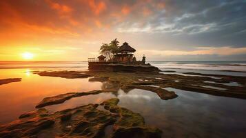 antigo pura Ulun danu bratan, besakih ou famoso hindu têmpora e turista dentro bali ilha às nascer do sol conceito de ai gerado foto