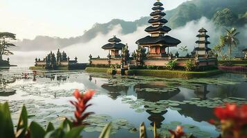 antigo pura Ulun danu bratan, besakih ou famoso hindu têmpora e turista dentro bali ilha às nascer do sol conceito de ai gerado foto