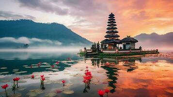 antigo pura Ulun danu bratan, besakih ou famoso hindu têmpora e turista dentro bali ilha às nascer do sol conceito de ai gerado foto