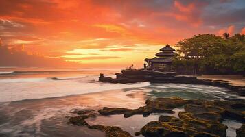 antigo pura Ulun danu bratan, besakih ou famoso hindu têmpora e turista dentro bali ilha às nascer do sol conceito de ai gerado foto