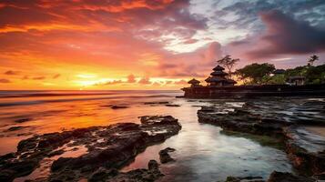 antigo pura Ulun danu bratan, besakih ou famoso hindu têmpora e turista dentro bali ilha às nascer do sol conceito de ai gerado foto