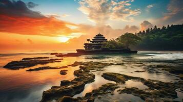 antigo pura Ulun danu bratan, besakih ou famoso hindu têmpora e turista dentro bali ilha às nascer do sol conceito de ai gerado foto