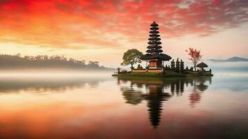 antigo pura Ulun danu bratan, besakih ou famoso hindu têmpora e turista dentro bali ilha às nascer do sol conceito de ai gerado foto