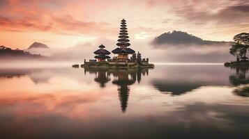 antigo pura Ulun danu bratan, besakih ou famoso hindu têmpora e turista dentro bali ilha às nascer do sol conceito de ai gerado foto