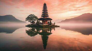 antigo pura Ulun danu bratan, besakih ou famoso hindu têmpora e turista dentro bali ilha às nascer do sol conceito de ai gerado foto