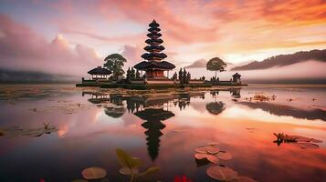 antigo pura Ulun danu bratan, besakih ou famoso hindu têmpora e turista dentro bali ilha às nascer do sol conceito de ai gerado foto