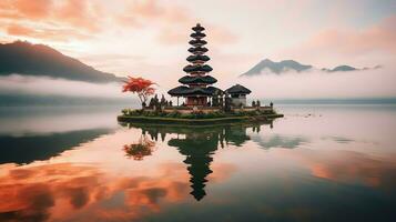 antigo pura Ulun danu bratan, besakih ou famoso hindu têmpora e turista dentro bali ilha às nascer do sol conceito de ai gerado foto