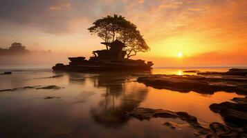 antigo pura Ulun danu bratan, besakih ou famoso hindu têmpora e turista dentro bali ilha às nascer do sol conceito de ai gerado foto