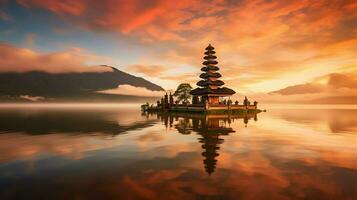 antigo pura Ulun danu bratan, besakih ou famoso hindu têmpora e turista dentro bali ilha às nascer do sol conceito de ai gerado foto