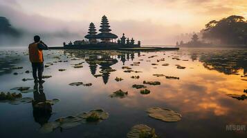 antigo pura Ulun danu bratan, besakih ou famoso hindu têmpora e turista dentro bali ilha às nascer do sol conceito de ai gerado foto