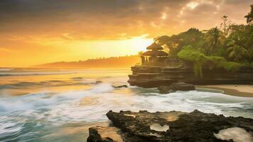 antigo pura Ulun danu bratan, besakih ou famoso hindu têmpora e turista dentro bali ilha às nascer do sol conceito de ai gerado foto