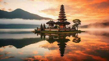 antigo pura Ulun danu bratan, besakih ou famoso hindu têmpora e turista dentro bali ilha às nascer do sol conceito de ai gerado foto